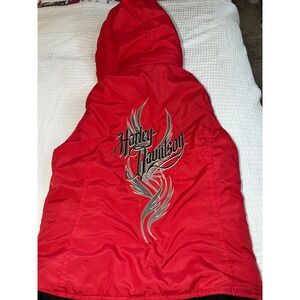 Harley Davidson Hooded Puffer‎ Vest Womens Small Red Biker Embroidered Graphic